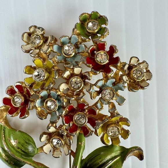 Vintage Figural Enameled Rhinestone Flower Bouquet Brooch Pin Floral - Picture 4 of 7